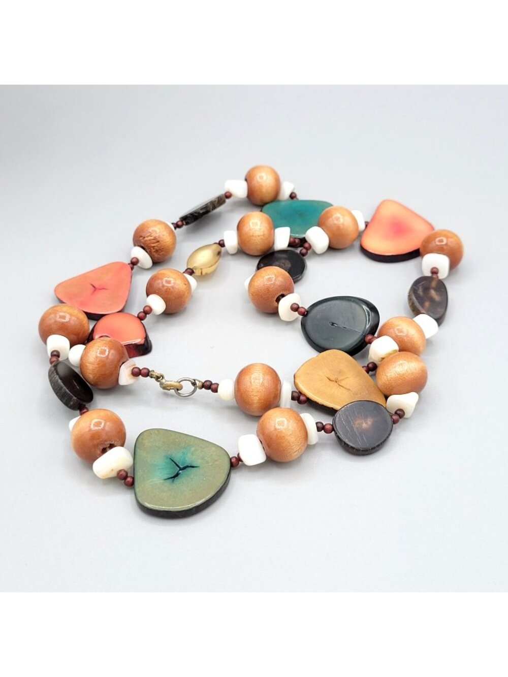 Dyed Tagua Nut Slices Endless Necklace Boho Wooden Beads White Spacers Artisan